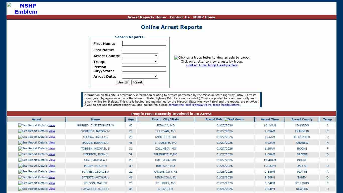 Missouri State Highway Patrol - Arrest Reports